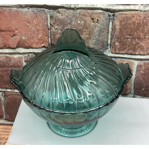 Vintage Jeannette Swirl Ultramarine 6" Candy Dish Pedestal w Lid 1937 UV Glow - Picture 4 of 14